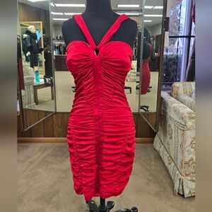 bebe Red Satin Ruched Bodycon Dress